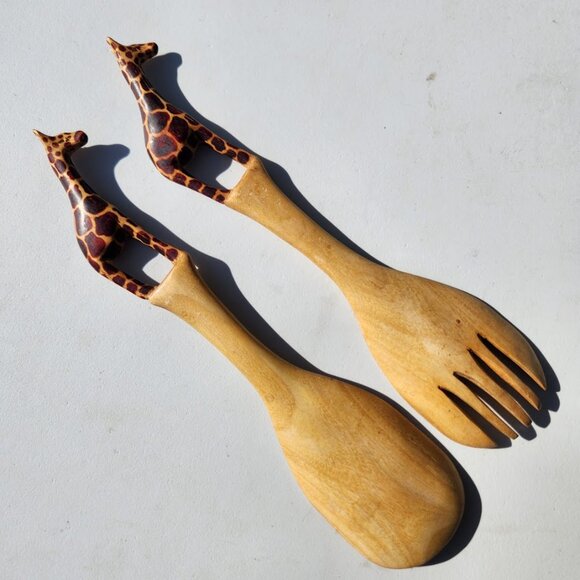 New Hand Carved Wood Giraffe Fork Spoon Serving Set Safari African Folk Art Home - Picture 8 of 13